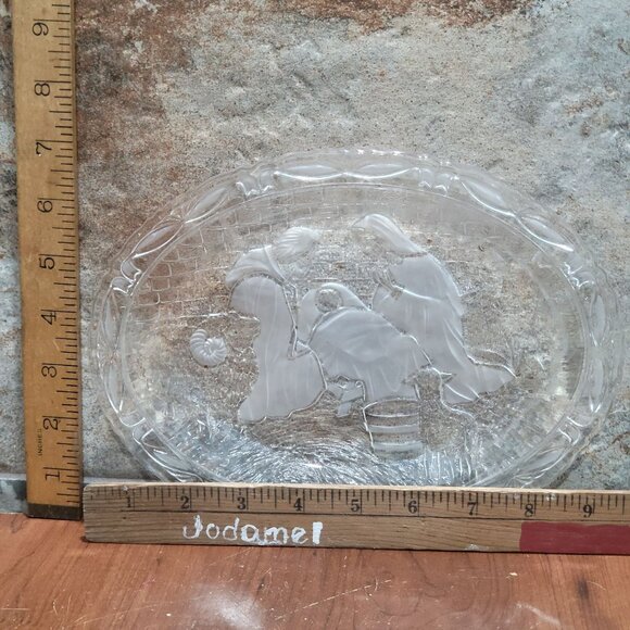Vintage Clear Frosted Serving Dish Plaque Glass Oval Nativity Scene - Picture 7 of 11